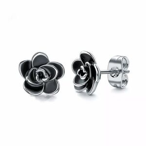 New Lovely 925 Sterling Silver Onyx Flower Studs